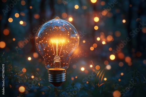 Glowing light bulb in magical forest with illuminated particles in background