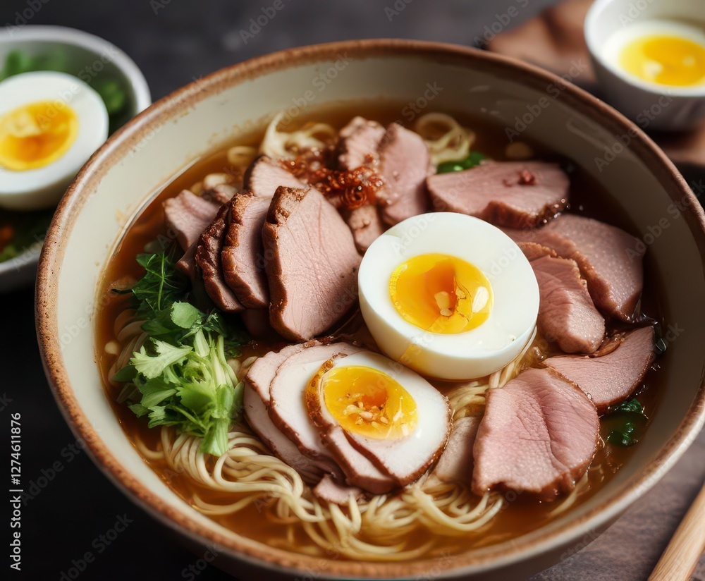 Steaming bowl of savory noodle soup with rich shoyu broth, topped with juicy pork slices and a soft-boiled egg , shoyu ramen noodles, comforting meal Steaming bowl of savory noodle soup with rich shoyu broth, topped with juicy pork slices and a soft-boiled egg , shoyu ramen noodles, comforting meal