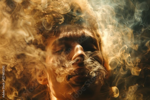 Young man surrounded by swirling smoke during an intense moment in a creative indoor atmosphere at night