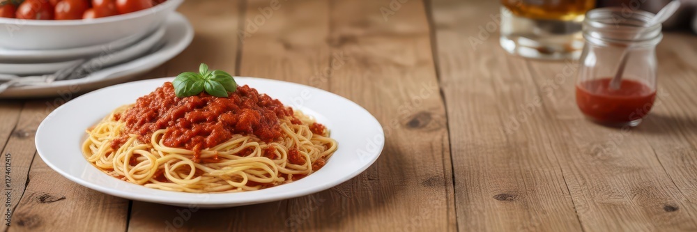 Traditional Italian dish of spaghetti in a rich meat and tomato sauce on a white plate against a wooden table background, meal, table Traditional Italian dish of spaghetti in a rich meat and tomato sauce on a white plate against a wooden table background, meal, table