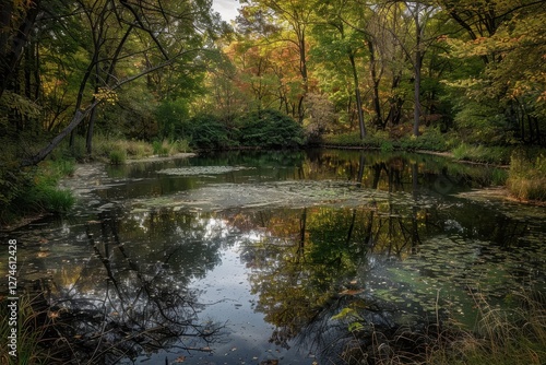 Captivating autumn landscape with serene pond reflecting vibrant foliage in a tranquil natural setting
