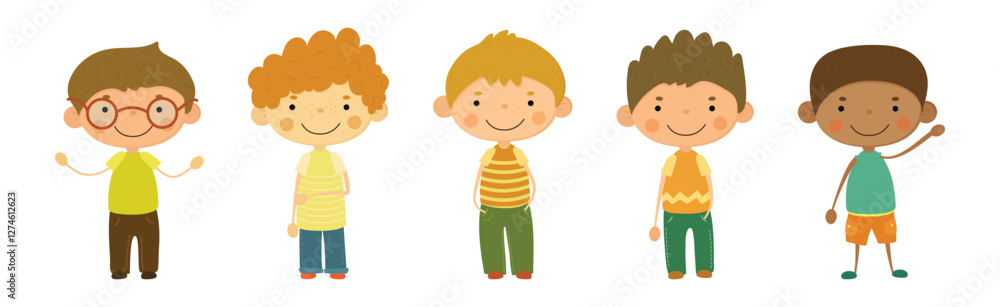 Funny Boy Kid Character Stand and Smile Vector Set Funny Boy Kid Character Stand and Smile Vector Set