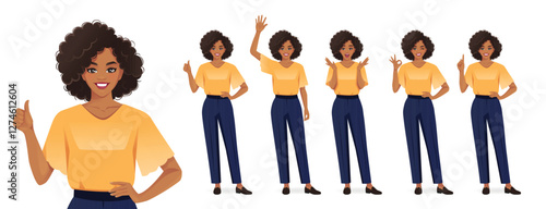 Business African American woman with afro hairstyle in different positive poses set. Surprised, waving, standing with crossed hands, showing thumb up and ok sign. Isolated vector illustration