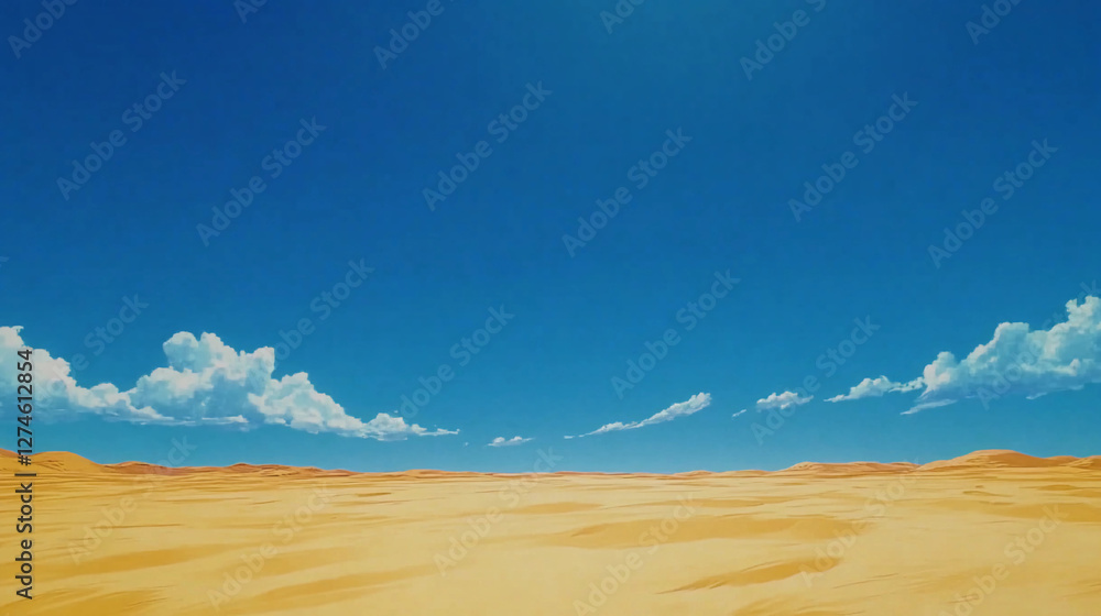Fototapeta premium Vast desert landscape with expansive blue sky and fluffy clouds captures the essence of serenity and isolation in a cinematic view. Generative AI