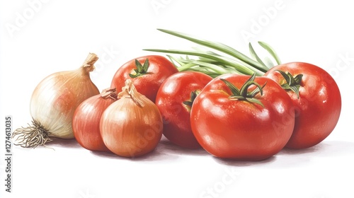 Fresh tomatoes and onions, still life, studio photo