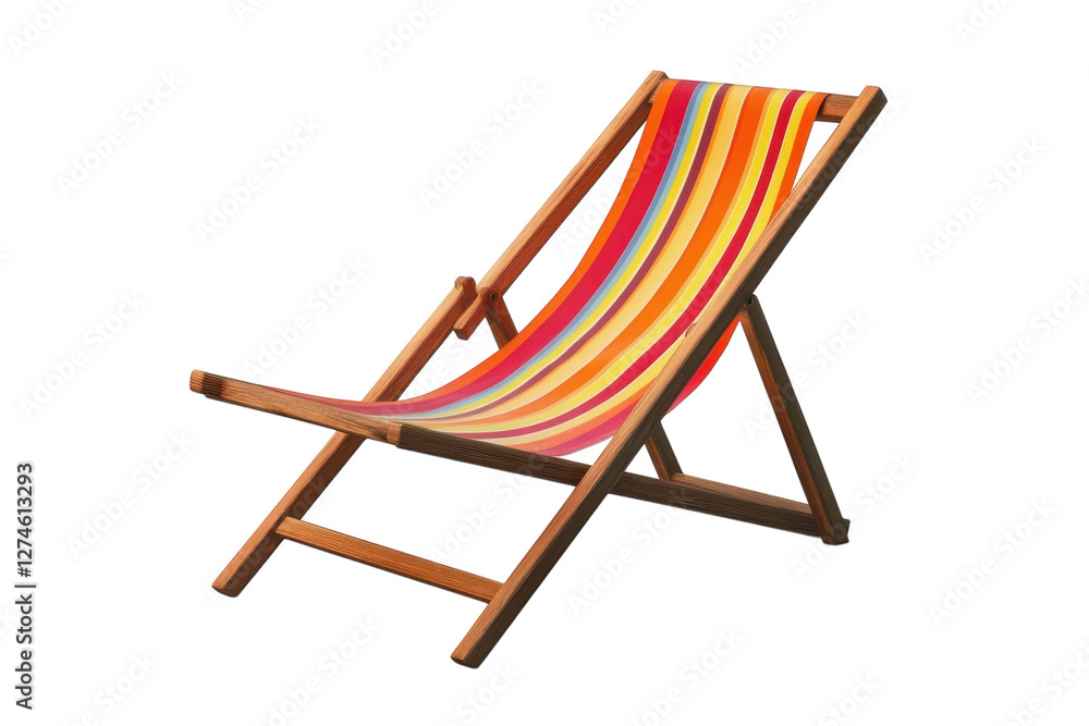Brightly colored deck chair inviting relaxation in a sunny beach setting isolated on transparent background Brightly colored deck chair inviting relaxation in a sunny beach setting isolated on transparent background