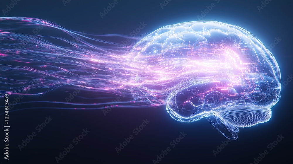 Conceptual brain image with light trails representing neural activity and complex processing set against a dark backdrop for visual impact Conceptual brain image with light trails representing neural activity and complex processing set against a dark backdrop for visual impact
