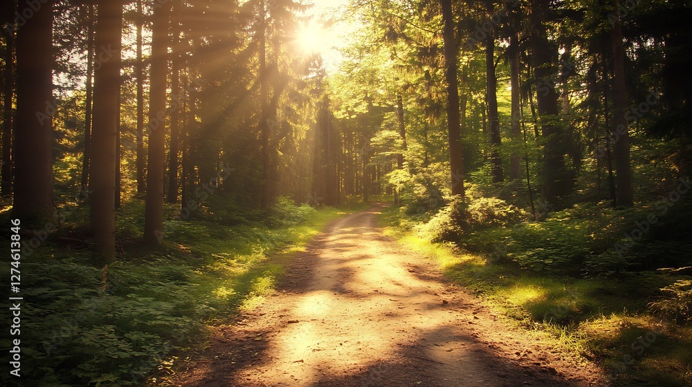 Fototapeta premium Sunlit Forest Path A Scenic Woodland Trail