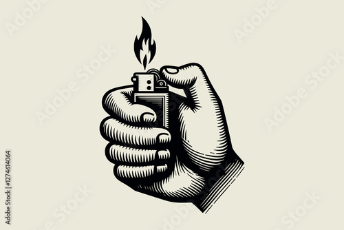 Vintage black engraving of a hand holding a burning lighter