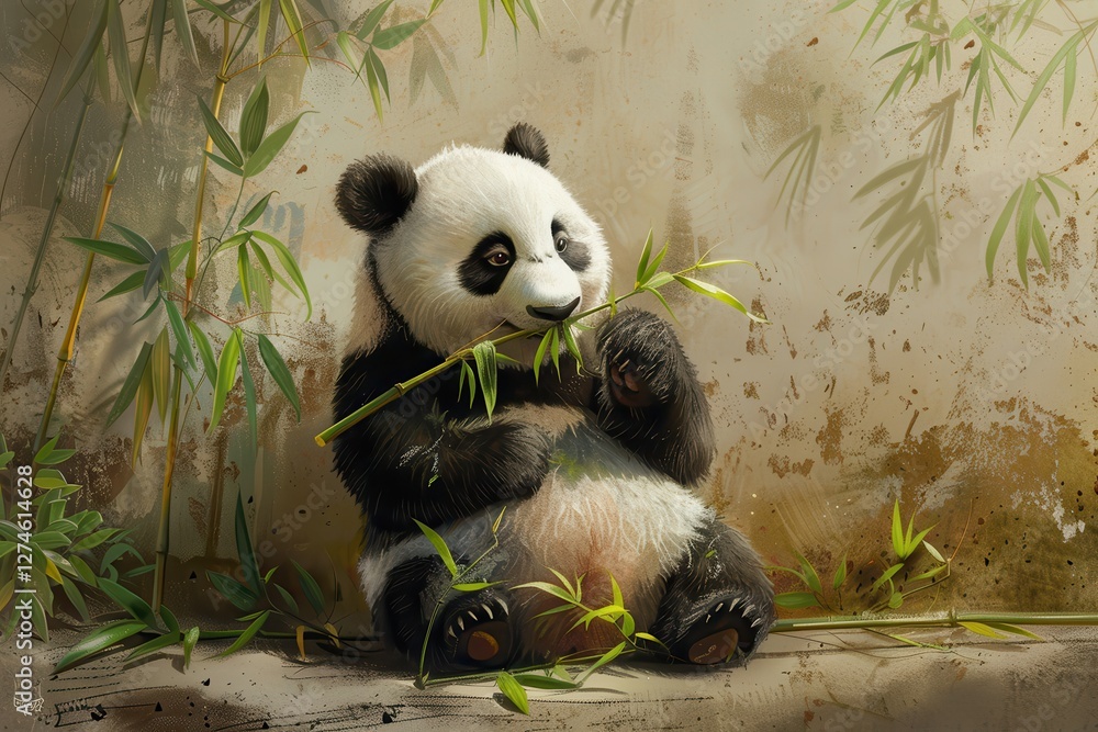 Cute panda cub munching on fresh bamboo while surrounded by green leaves in a playful and vibrant illustration style Cute panda cub munching on fresh bamboo while surrounded by green leaves in a playful and vibrant illustration style