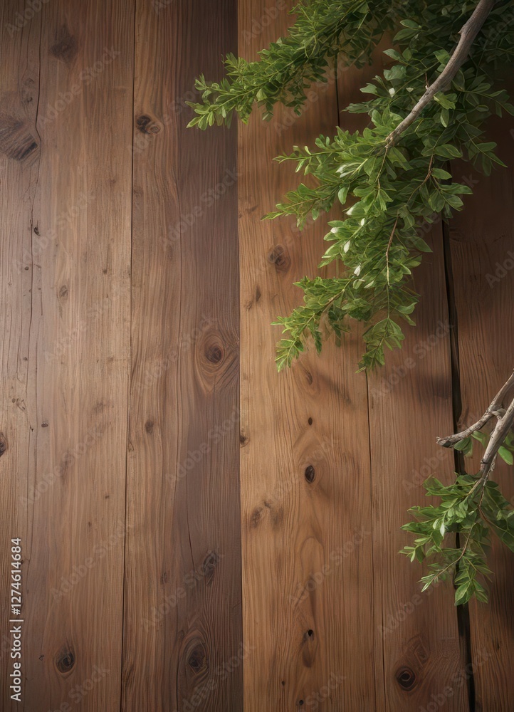 Wooden plank background with a single tree branch, scenery, outdoors Wooden plank background with a single tree branch, scenery, outdoors