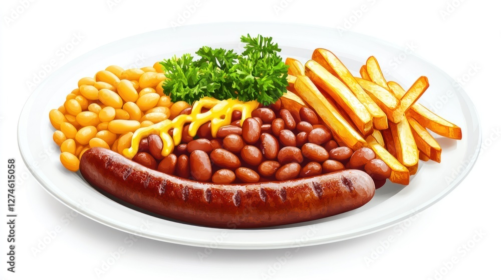 Plate of sausage, beans, and fries on white background Plate of sausage, beans, and fries on white background
