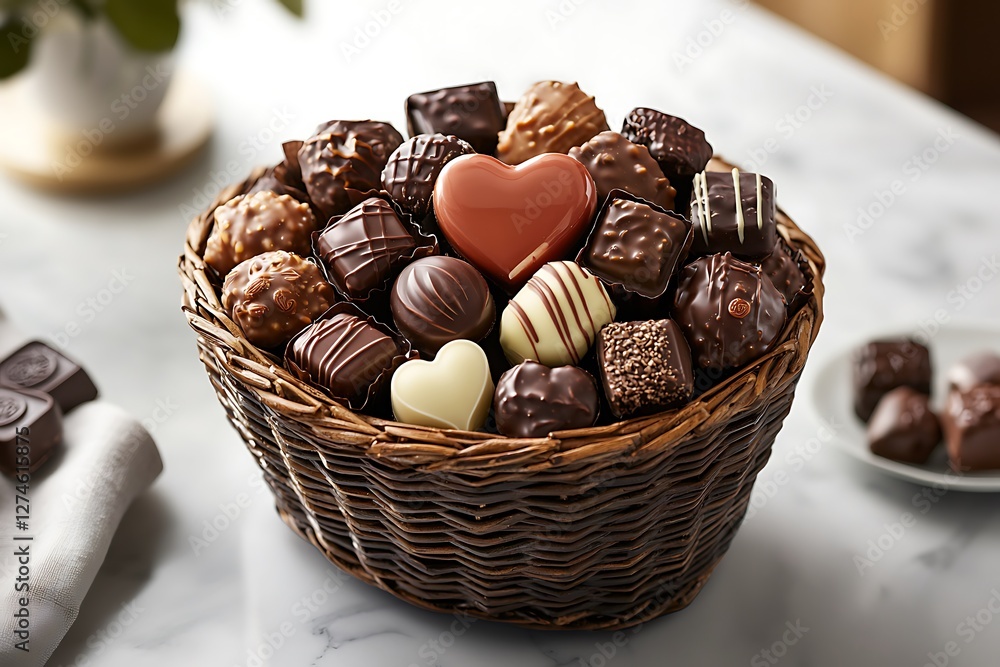 A delightful basket overflows with assorted chocolates, including a heart-shaped treat, perfect for creating sweet and joyful moments. A delightful basket overflows with assorted chocolates, including a heart-shaped treat, perfect for creating sweet and joyful moments.