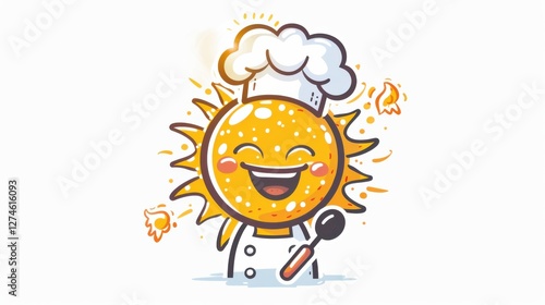 Cute sun icon with a chef's hat and spoon, cooking up a storm, on a white background