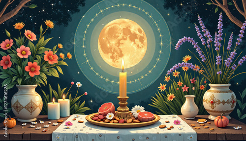 Enchanting still life scene featuring a candle, fruits, and flowers with a full moon in the background