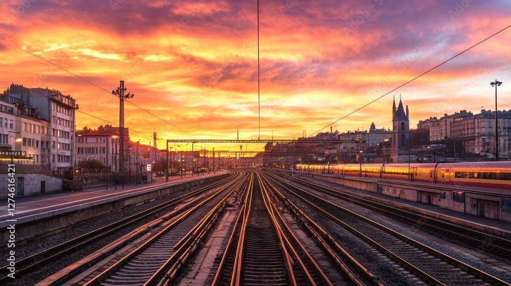 Fiery Sunset over City Train Station
