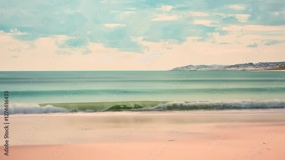 A serene, minimalist beach scene captured from a low-angle, evoking a tranquil video style with soft pastel tones and gentle waves. A serene, minimalist beach scene captured from a low-angle, evoking a tranquil video style with soft pastel tones and gentle waves.