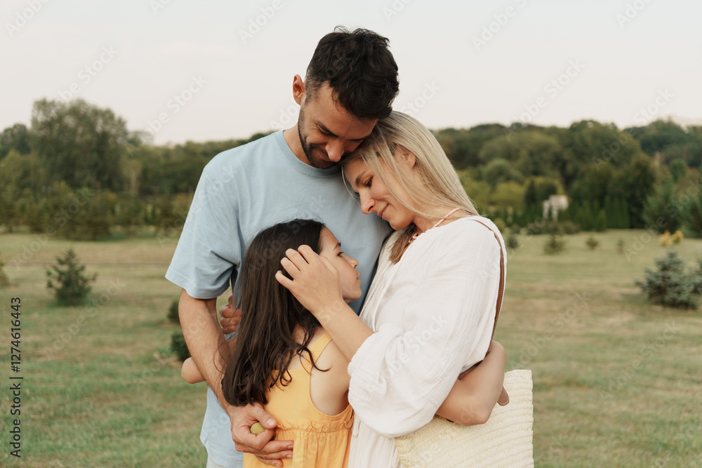 Mother, father, and daughter share a warm embrace in a tranquil setting. Mother, father, and daughter share a warm embrace in a tranquil setting.