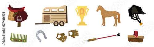 Equestrian Sport Flat Icons and Object Vector Set