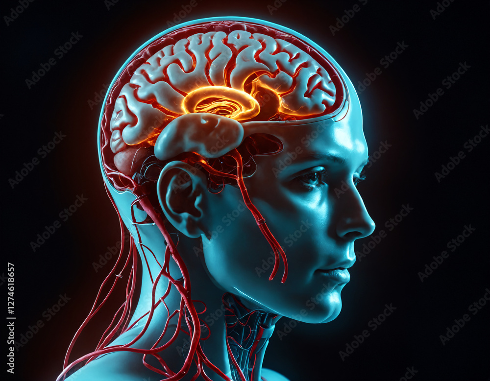 Obraz premium The hologram of the human head, the brain, blood vessels, nerve nodes are visible.