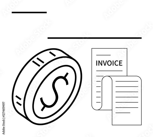 Coin with dollar sign next to detailed invoice lines emphasizes payment, billing, and accounting tasks. Ideal for business finance, transactions, expenses, receipts, budgeting, monetary systems