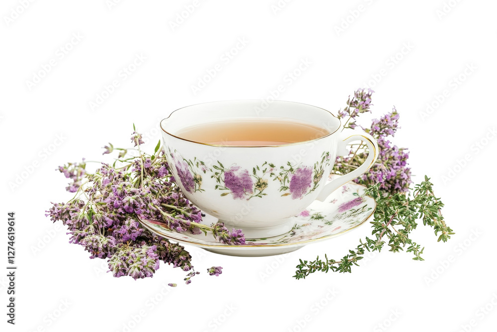 A delicate porcelain cup filled with herbal tea nestled among fresh lavender blooms isolated on transparent background A delicate porcelain cup filled with herbal tea nestled among fresh lavender blooms isolated on transparent background