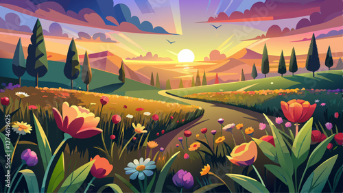 Field with flowers during sundown. Beautiful summer landscape