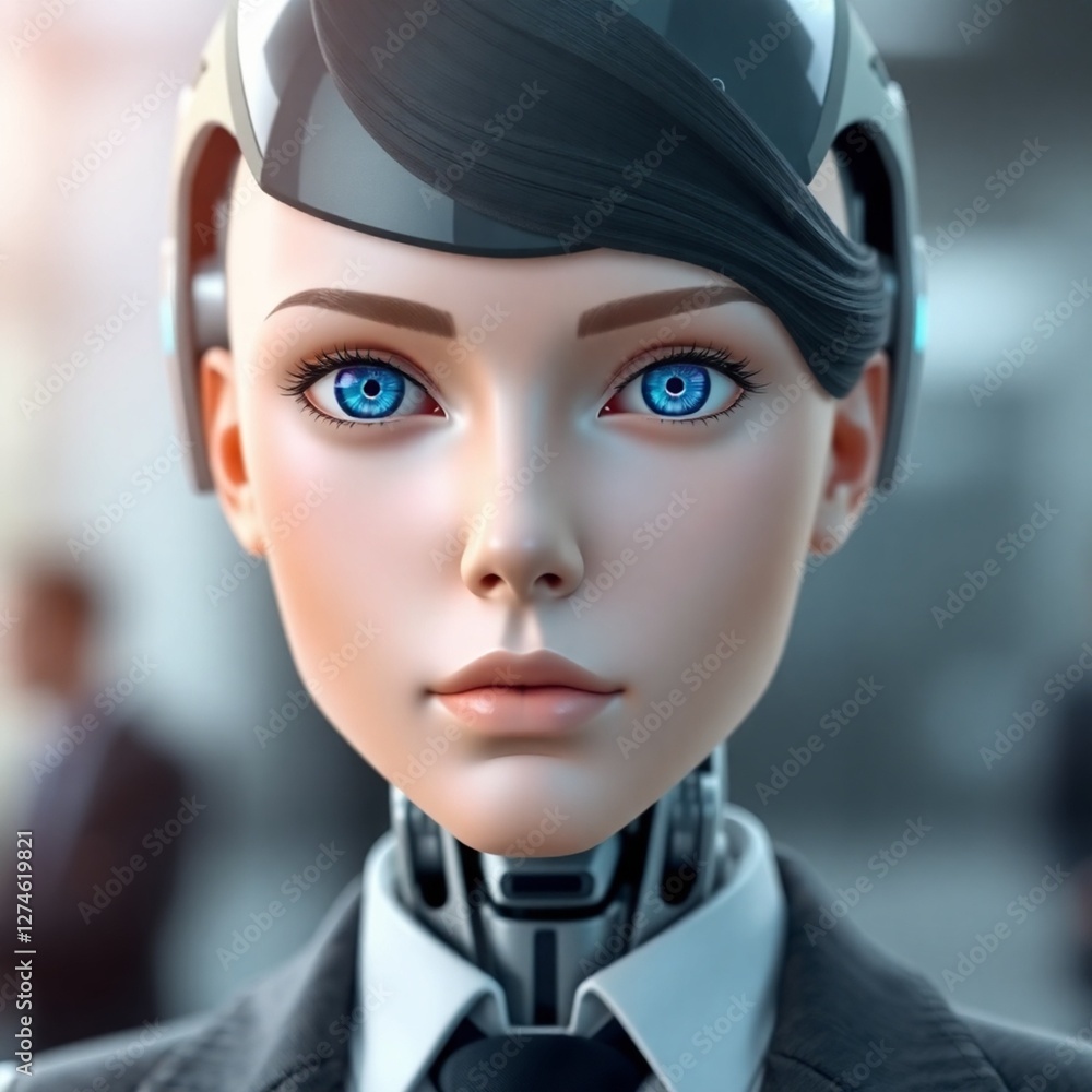 High-resolution stock photo of a human-like AI, commercial use, professional quality, depicting a realistic android with smooth skin and piercing blue eyes, dressed in professional attire High-resolution stock photo of a human-like AI, commercial use, professional quality, depicting a realistic android with smooth skin and piercing blue eyes, dressed in professional attire