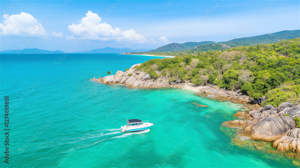 Fototapeta premium A serene beach with turquoise waters, clear skies, and a small boat drifting along the coastline, evoking a sense of calm and relaxation by the sea.