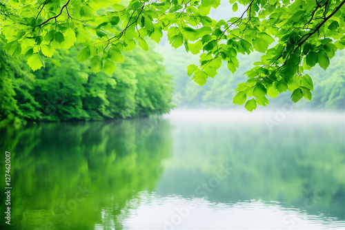 A lush forest with vibrant green leaves surrounding a calm, reflective body of water. The peaceful scenery embodies the beauty of nature and environmental sustainability.