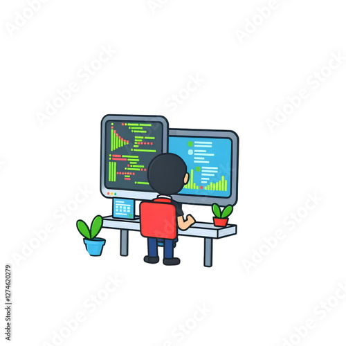 Wallpaper Mural 3d programmer working on a dual monitor coding setup, high quality png isolated on transparent background Torontodigital.ca
