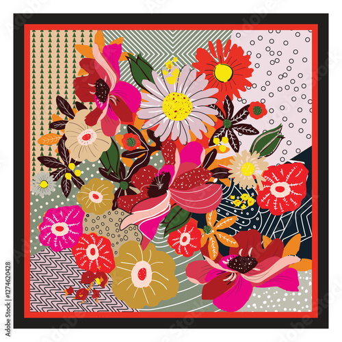 A vibrant square shape scarf print on abstract floral arrangement featuring various colors and shapes, with decorative patterns in the background with bold black and red line border.