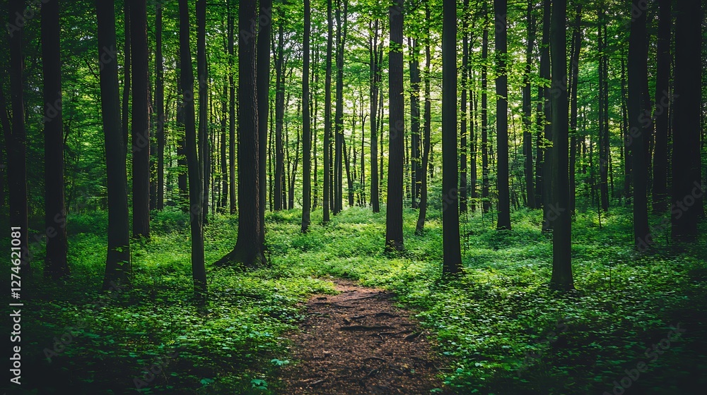 Lush Green Forest Path Sunlight Through Trees Lush Green Forest Path Sunlight Through Trees