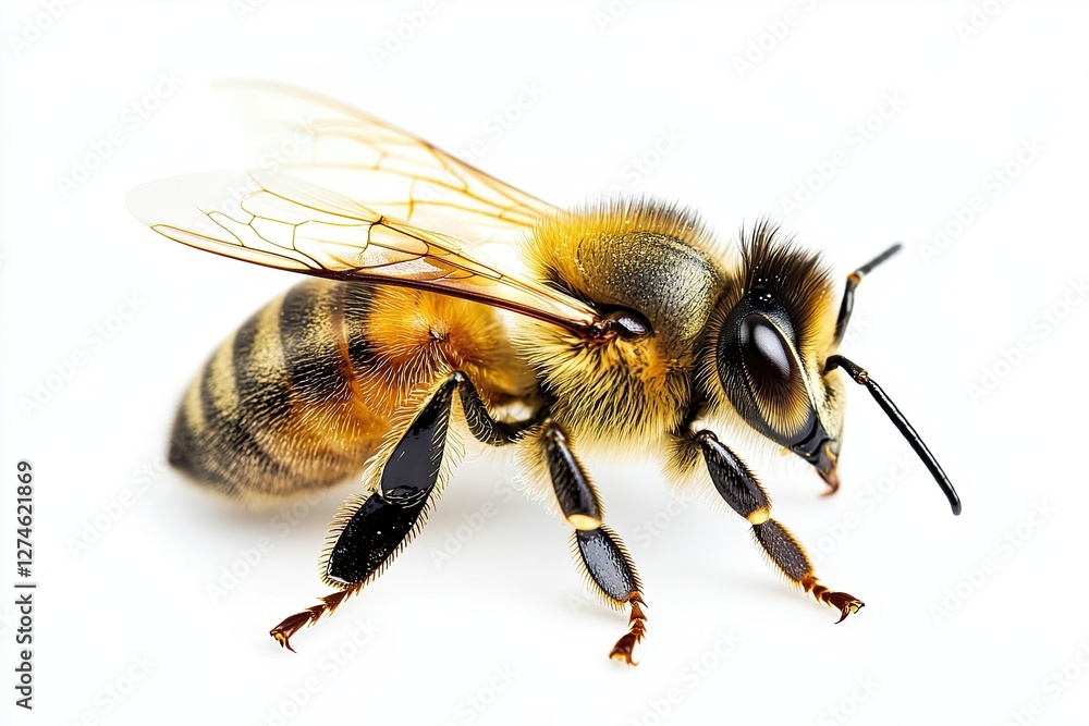 Bee isolated on white background. Close up of honey bee. High detailization. Bee isolated on white background. Close up of honey bee. High detailization.