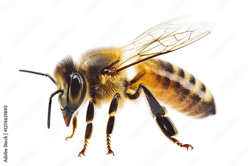 Bee isolated on white background. Close up of honey bee. High detailization. Bee isolated on white background. Close up of honey bee. High detailization.