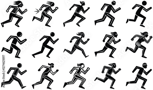 Energetic Runners in Motion, Dynamic Exercise Silhouettes