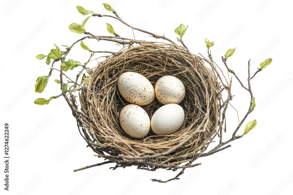 A delicate nest cradling four speckled eggs nestled among fresh green leaves isolated on transparent background A delicate nest cradling four speckled eggs nestled among fresh green leaves isolated on transparent background