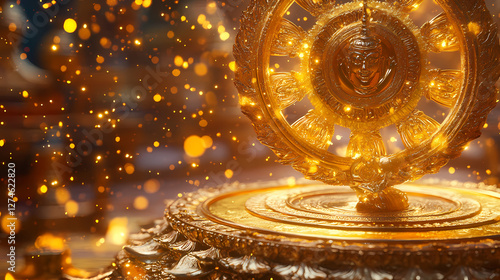 Wallpaper Mural Wheel of dharma spinning with golden energy at tibetan temple. Mystic Radiant Temple. Illustration Torontodigital.ca