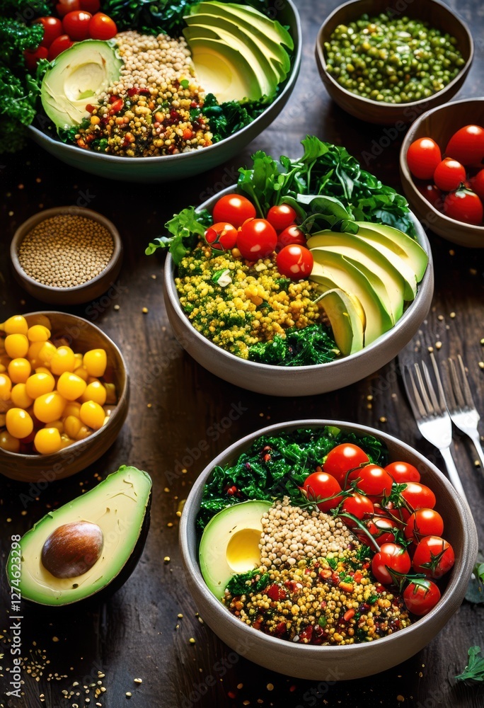colorful macro bowls overflowing fresh nutrient packed ingredients healthy meal, avocado, quinoa, vegetable, salad, food, protein, fiber, freshness colorful macro bowls overflowing fresh nutrient packed ingredients healthy meal, avocado, quinoa, vegetable, salad, food, protein, fiber, freshness