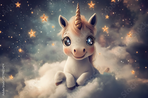 Magical unicorn resting on clouds surrounded by twinkling stars in a dreamy night sky