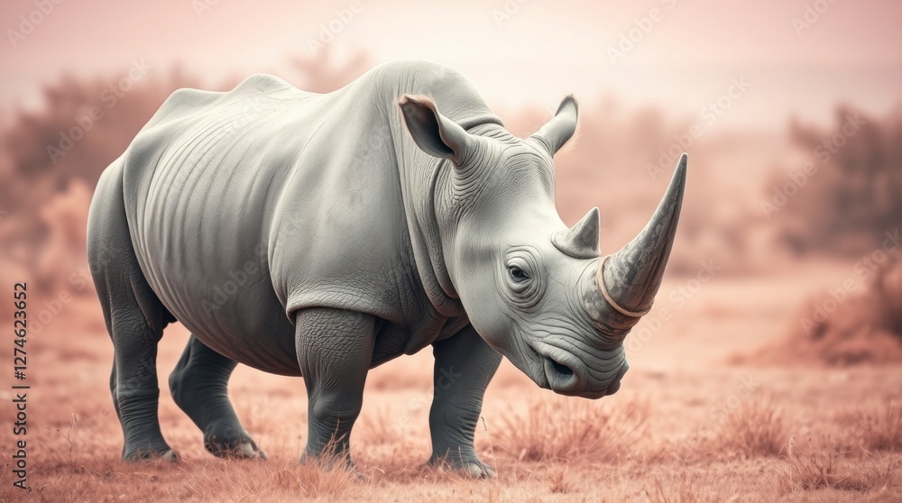 Fototapeta premium Majestic White Rhino in African Savanna Landscape