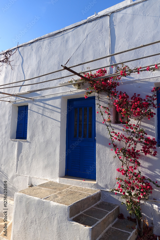 Scenic view from picturesque village of Kastro or Castle built on a cliff overlooking the Aegean deep blue sea, Sifnos island, Cyclades, Greece