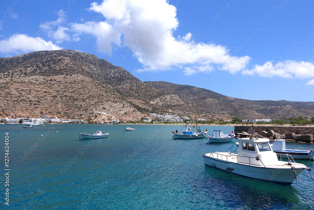 Picturesque port of Kamares with traditional Cycladic character and beautiful sandy beach, Sifnos island, Cyclades, Greece