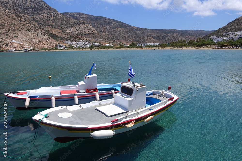 Picturesque port of Kamares with traditional Cycladic character and beautiful sandy beach, Sifnos island, Cyclades, Greece