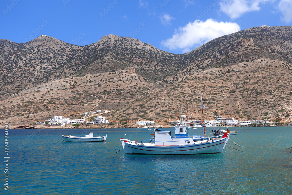 Picturesque port of Kamares with traditional Cycladic character and beautiful sandy beach, Sifnos island, Cyclades, Greece
