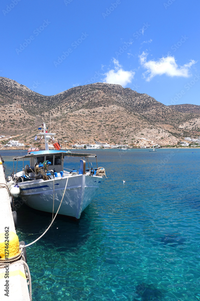 Picturesque port of Kamares with traditional Cycladic character and beautiful sandy beach, Sifnos island, Cyclades, Greece