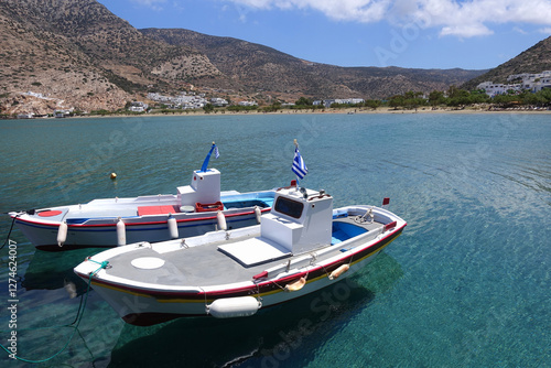 Obraz na płótnie Picturesque port of Kamares with traditional Cycladic character and beautiful sandy beach, Sifnos island, Cyclades, Greece w salonie