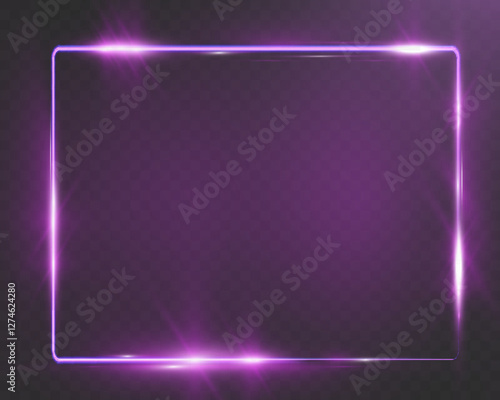Purple neon glowing rectangular frame with rounded corners, sparkles, and lens flares, placed on a transparent background. Modern and futuristic design concept.