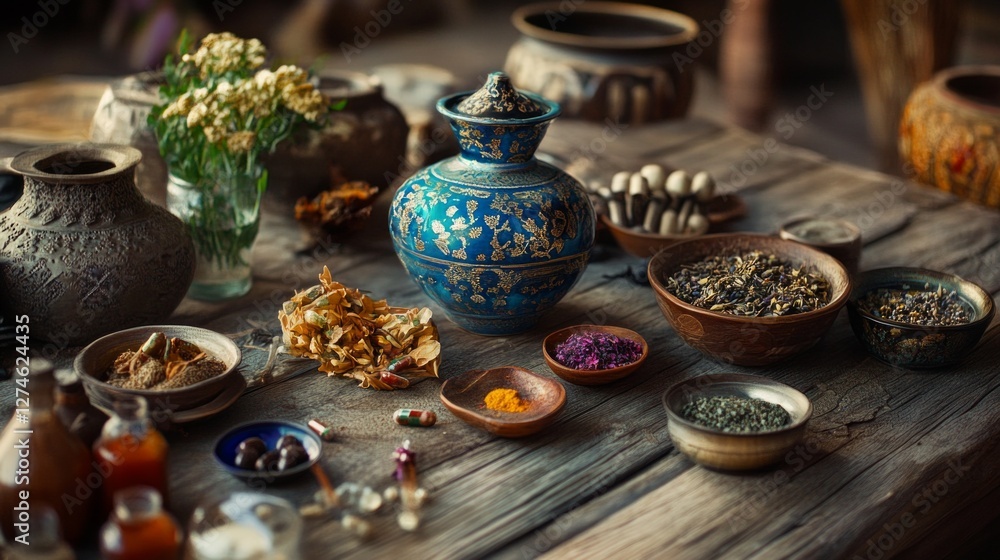 Antique pottery and herbal ingredients on rustic wooden table Antique pottery and herbal ingredients on rustic wooden table