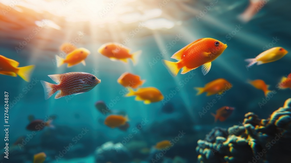 Naklejka premium Vibrant underwater scene with colorful fish swimming gracefully.